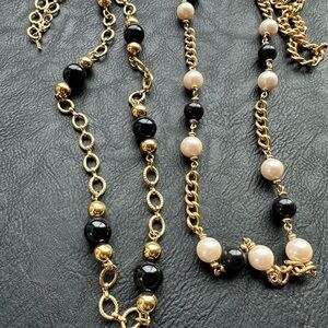 Vintage Monet Beaded Necklaces Set of 2 Layering Chains Black Gold White Beads